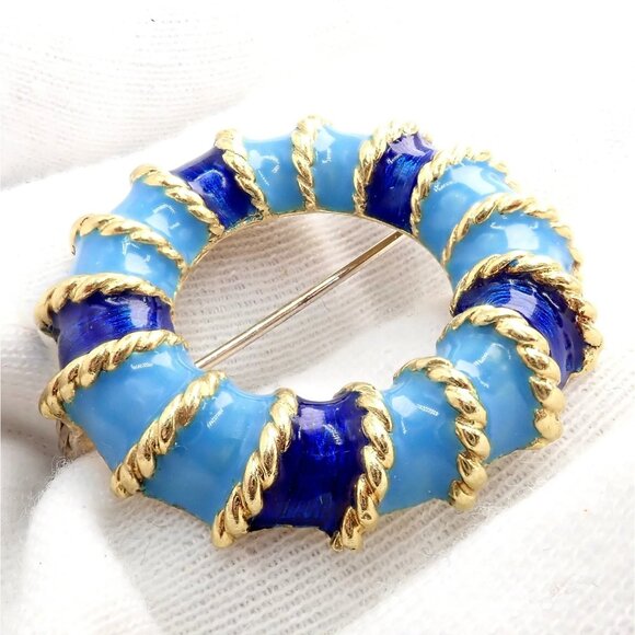 Rare! Vintage Tiffany & Co 18k Yellow Gold Blue Enamel Circle Rope Brooch Pin - Picture 9 of 13